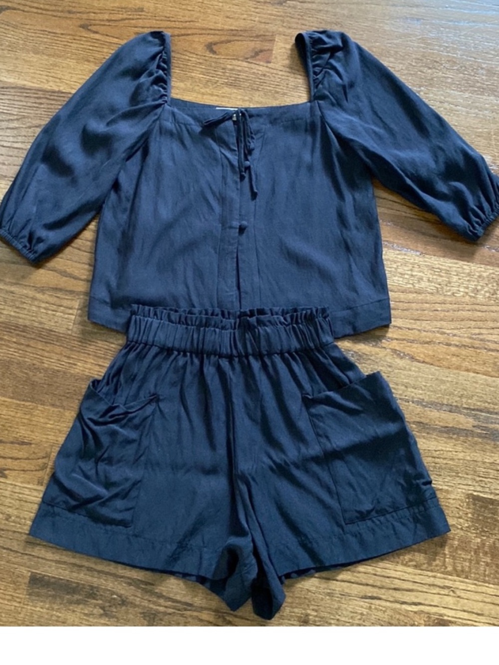 Casa Raki  set Square-Neck Black Puff-Sleeve Blouse with matching shorts